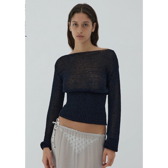 Paloma Wool Mosto Sweater in Navy Blue Knit Net Mesh Layer Smocked Bottom Slinky - Picture 2 of 11